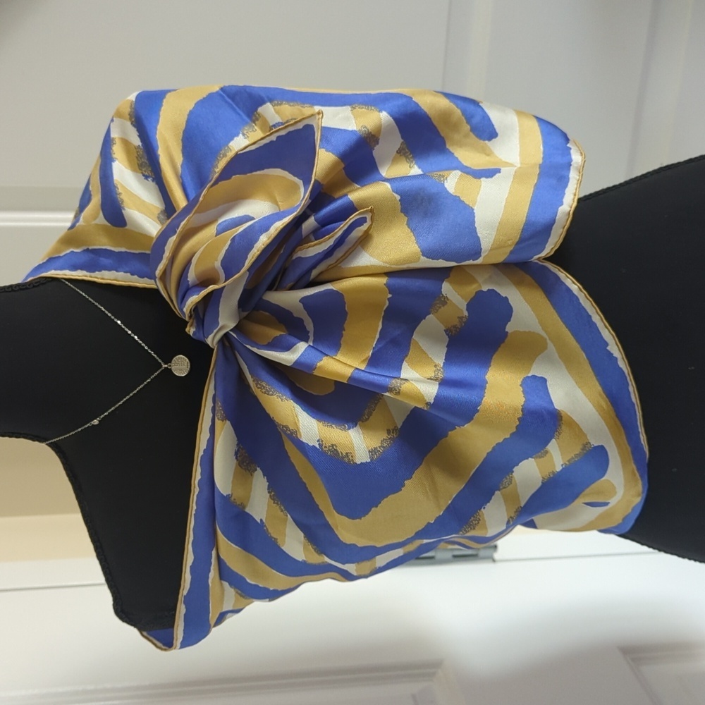 Vera Long Silk Scarf Abstract Design Blue Gold White Quiet Luxury Designer - Picture 8 of 13